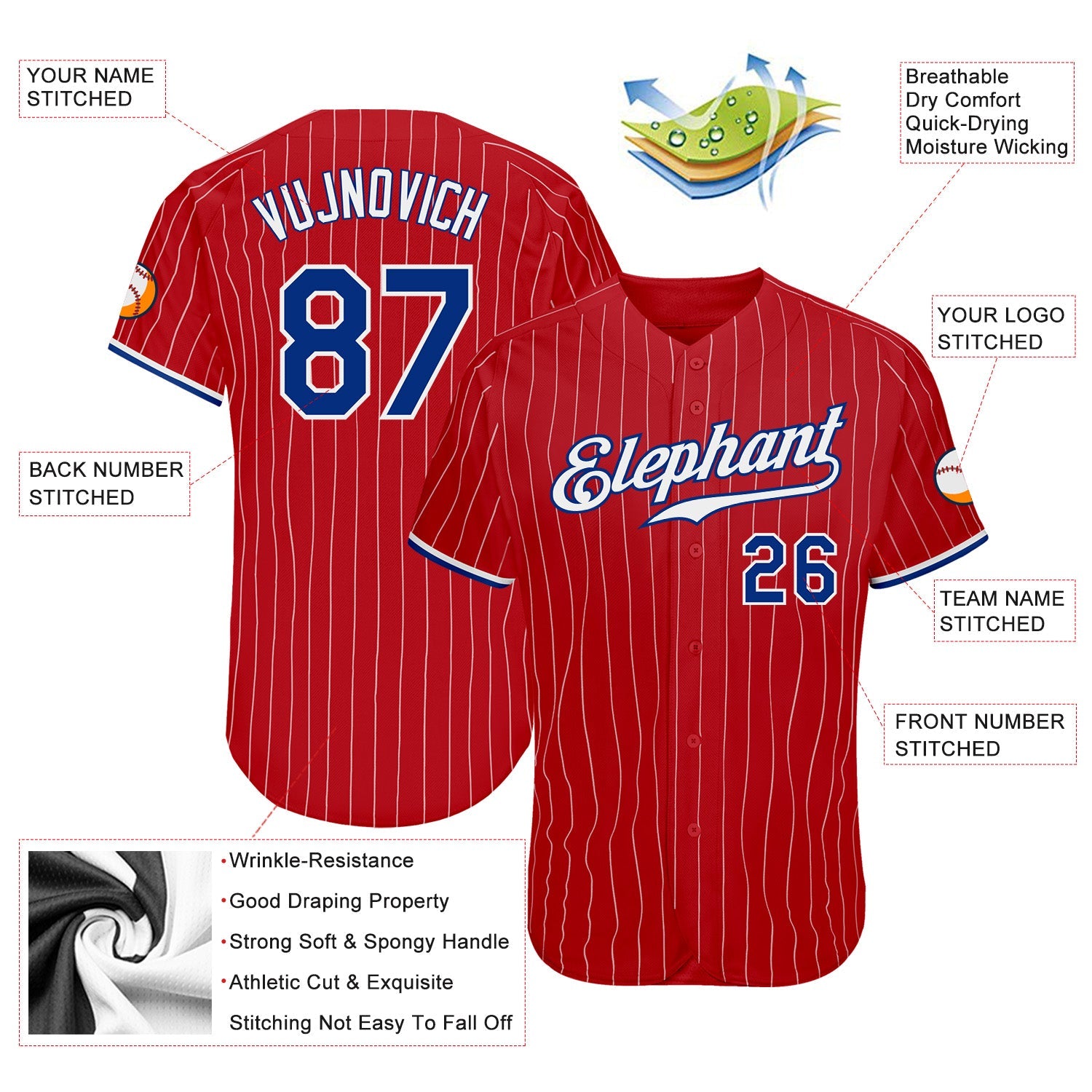 Custom Red White Pinstripe Royal-White Authentic Baseball Jersey - Sky-Custom