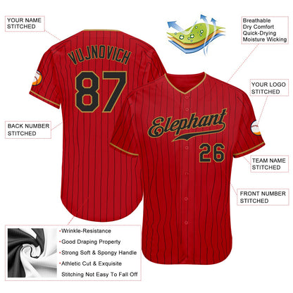 Custom Red Black Pinstripe Black-Old Gold Authentic Baseball Jersey - Sky-Custom