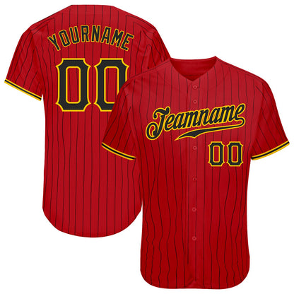 Custom Red Black Pinstripe Black-Gold Authentic Baseball Jersey - Sky-Custom