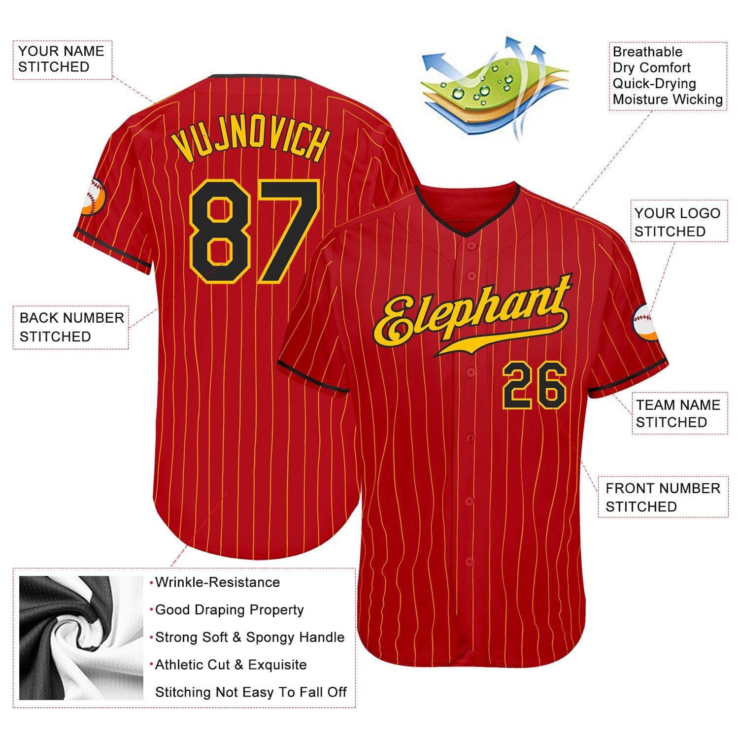 Custom Red Gold Pinstripe Black-Gold Authentic Baseball Jersey - Sky-Custom