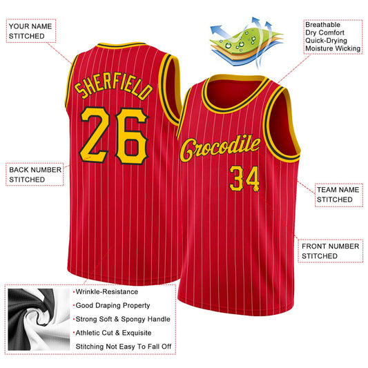 Custom Red Gold Pinstripe Gold-Black Authentic Basketball Jersey - Sky-Custom