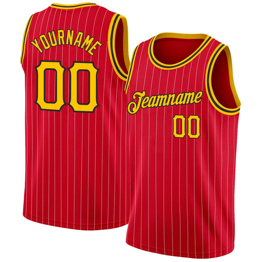 Custom Red Gold Pinstripe Gold-Black Authentic Basketball Jersey - Sky-Custom