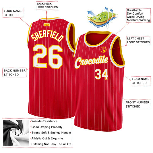 Custom Red White Pinstripe White-Gold Authentic Basketball Jersey - Sky-Custom