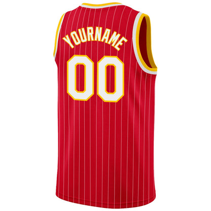 Custom Red White Pinstripe White-Gold Authentic Basketball Jersey - Sky-Custom