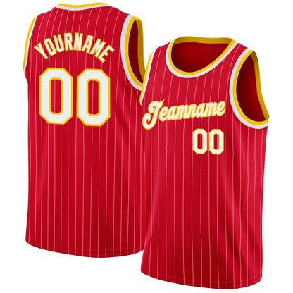 Custom Red White Pinstripe White-Gold Authentic Basketball Jersey - Sky-Custom