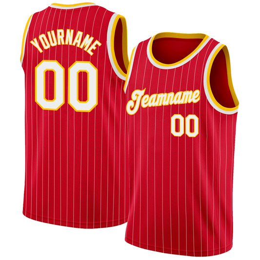 Custom Red White Pinstripe White-Gold Authentic Basketball Jersey - Sky-Custom
