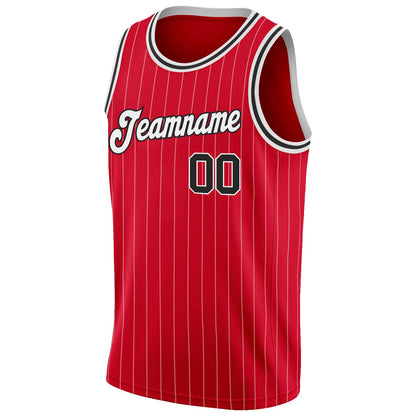 Custom Red White Pinstripe Black-White Authentic Basketball Jersey - Sky-Custom