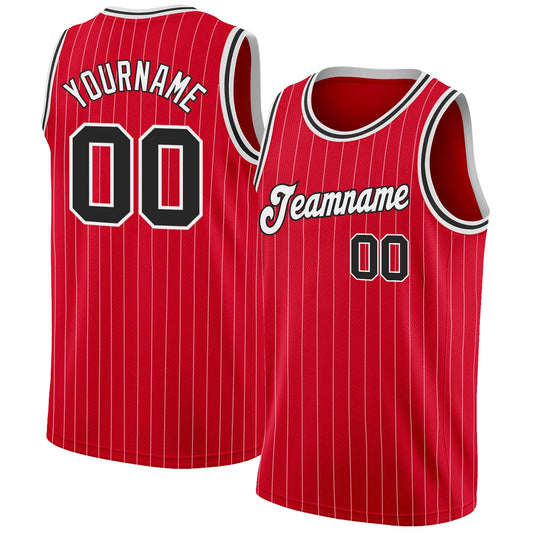 Custom Red White Pinstripe Black-White Authentic Basketball Jersey - Sky-Custom