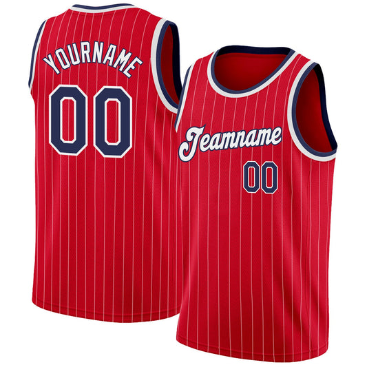 Custom Red White Pinstripe Navy-White Authentic Basketball Jersey - Sky-Custom
