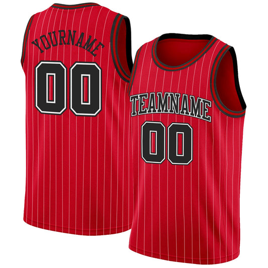 Custom Red White Pinstripe Black-White Authentic Basketball Jersey - Sky-Custom