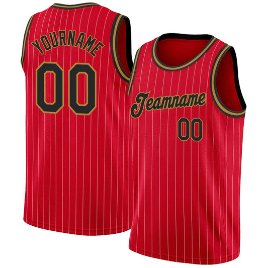 Custom Red White Pinstripe Black-Old Gold Authentic Basketball Jersey - Sky-Custom