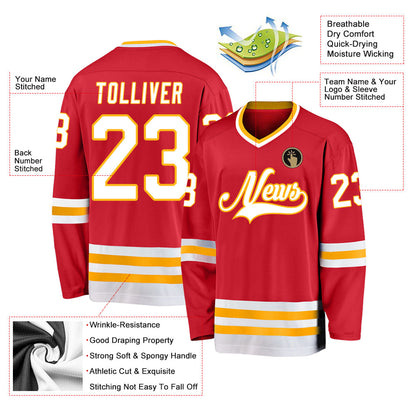 Custom Red White-Gold Hockey Jersey - Sky-Custom