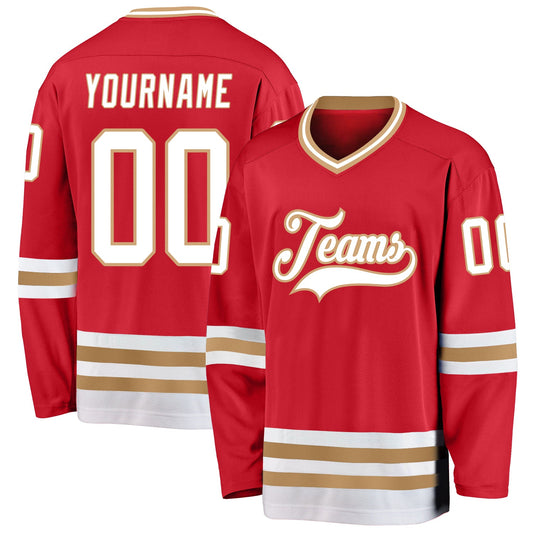 Custom Red White-Old Gold Hockey Jersey - Sky-Custom