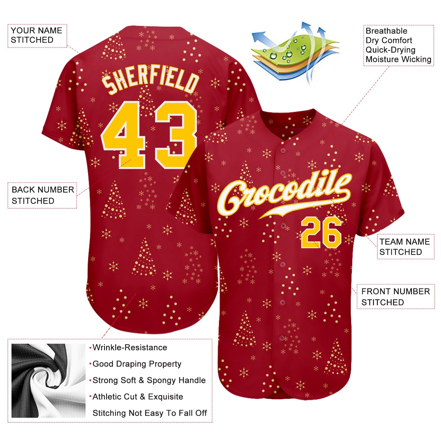 Custom Red Gold-White Christmas 3D Authentic Baseball Jersey - Sky-Custom