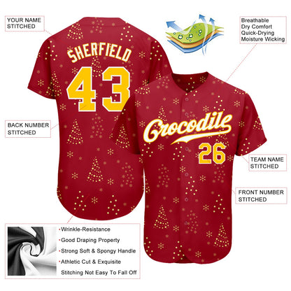 Custom Red Gold-White Christmas 3D Authentic Baseball Jersey - Sky-Custom