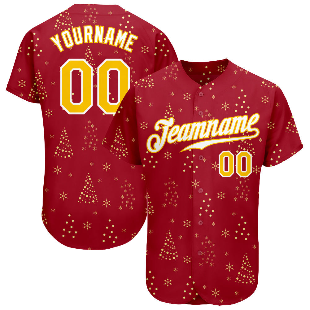 Custom Red Gold-White Christmas 3D Authentic Baseball Jersey - Sky-Custom