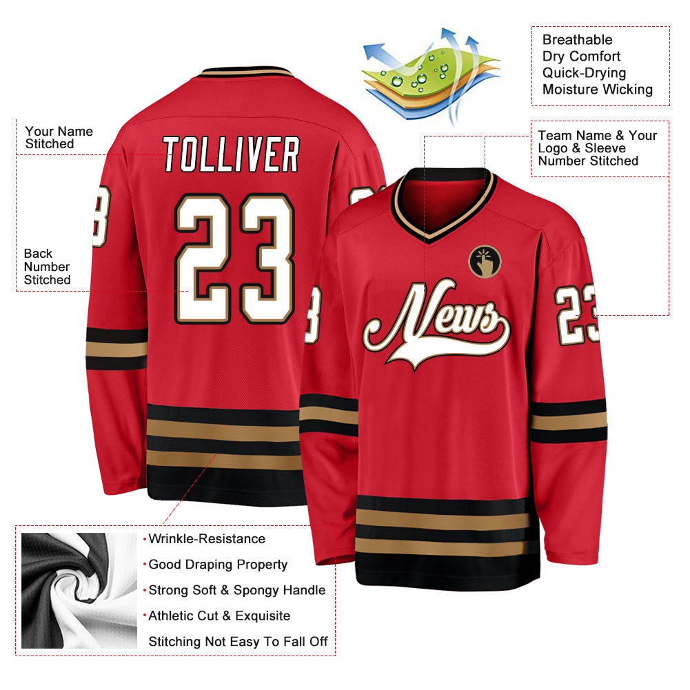 Custom Red White-Old Gold Hockey Jersey - Sky-Custom