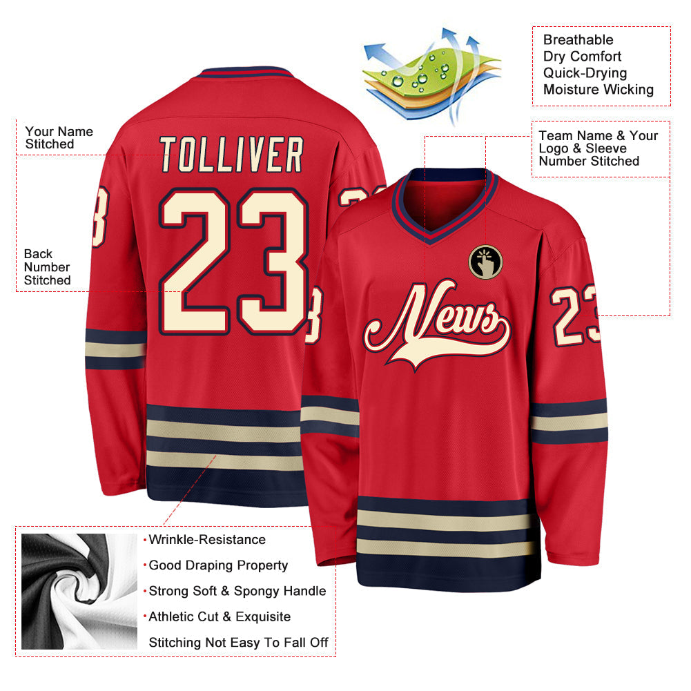 Custom Red Cream-Navy Hockey Jersey - Sky-Custom