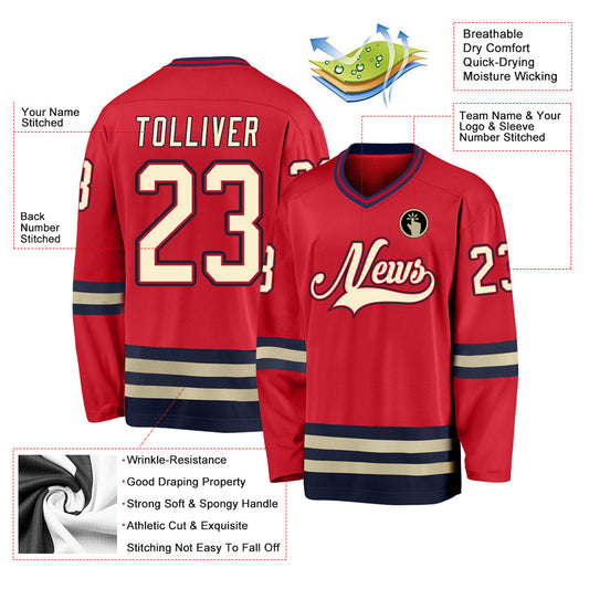 Custom Red Cream-Navy Hockey Jersey - Sky-Custom
