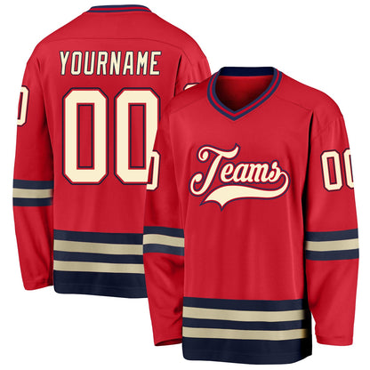 Custom Red Cream-Navy Hockey Jersey - Sky-Custom