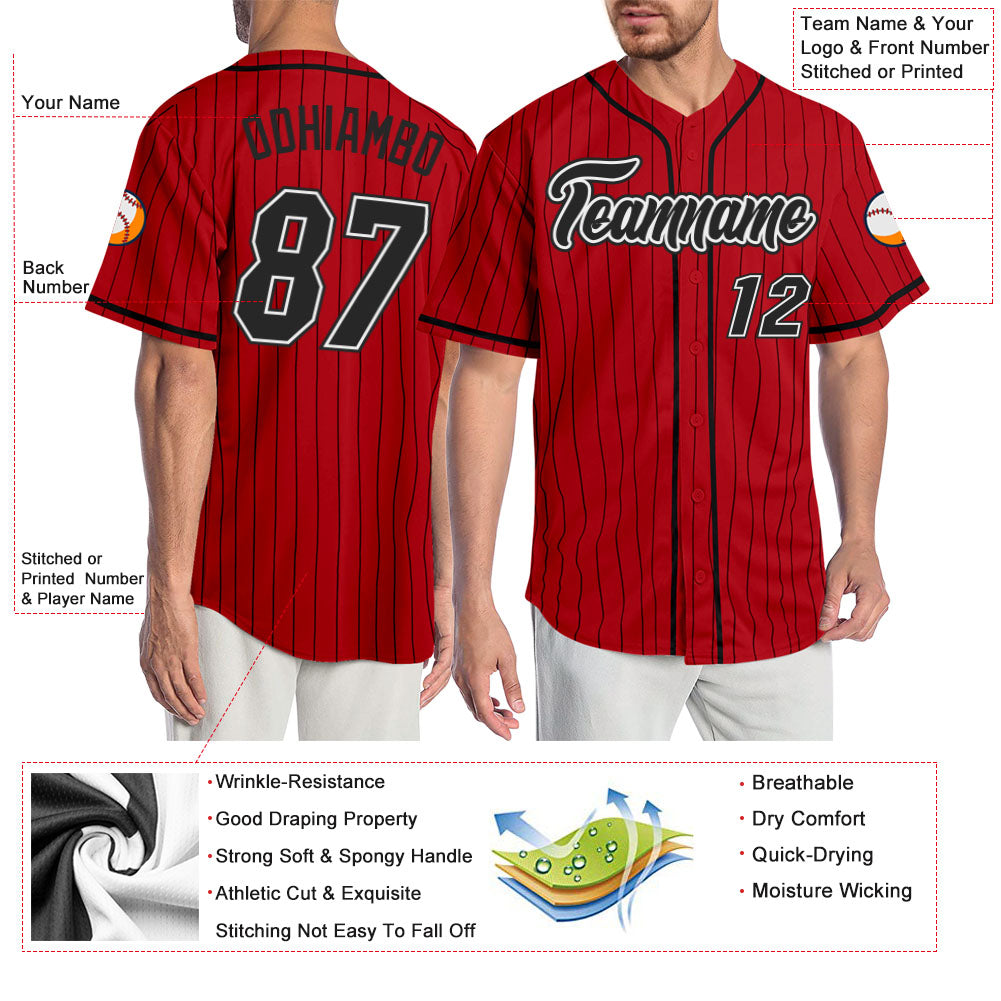 Custom Red Black Pinstripe Black-White Authentic Baseball Jersey - Sky-Custom