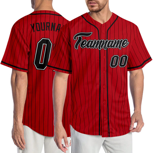 Custom Red Black Pinstripe Black-White Authentic Baseball Jersey - Sky-Custom