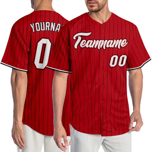 Custom Red Black Pinstripe White-Black Authentic Baseball Jersey - Sky-Custom