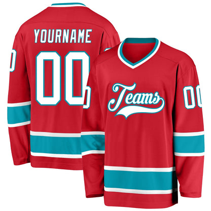 Custom Red White-Teal Hockey Jersey - Sky-Custom