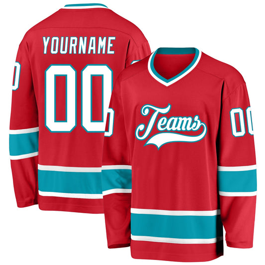 Custom Red White-Teal Hockey Jersey - Sky-Custom