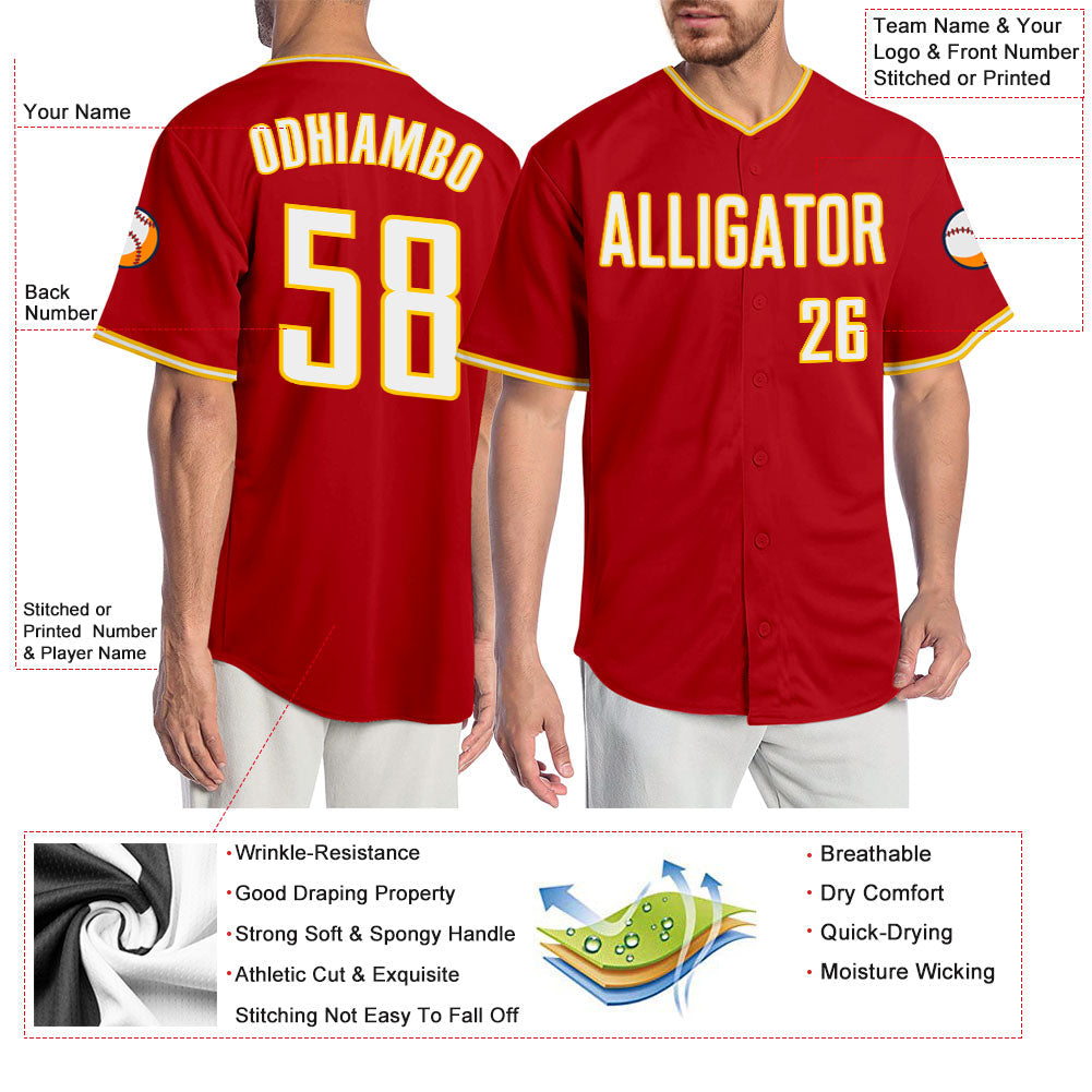 Custom Red White-Gold Authentic Baseball Jersey - Sky-Custom