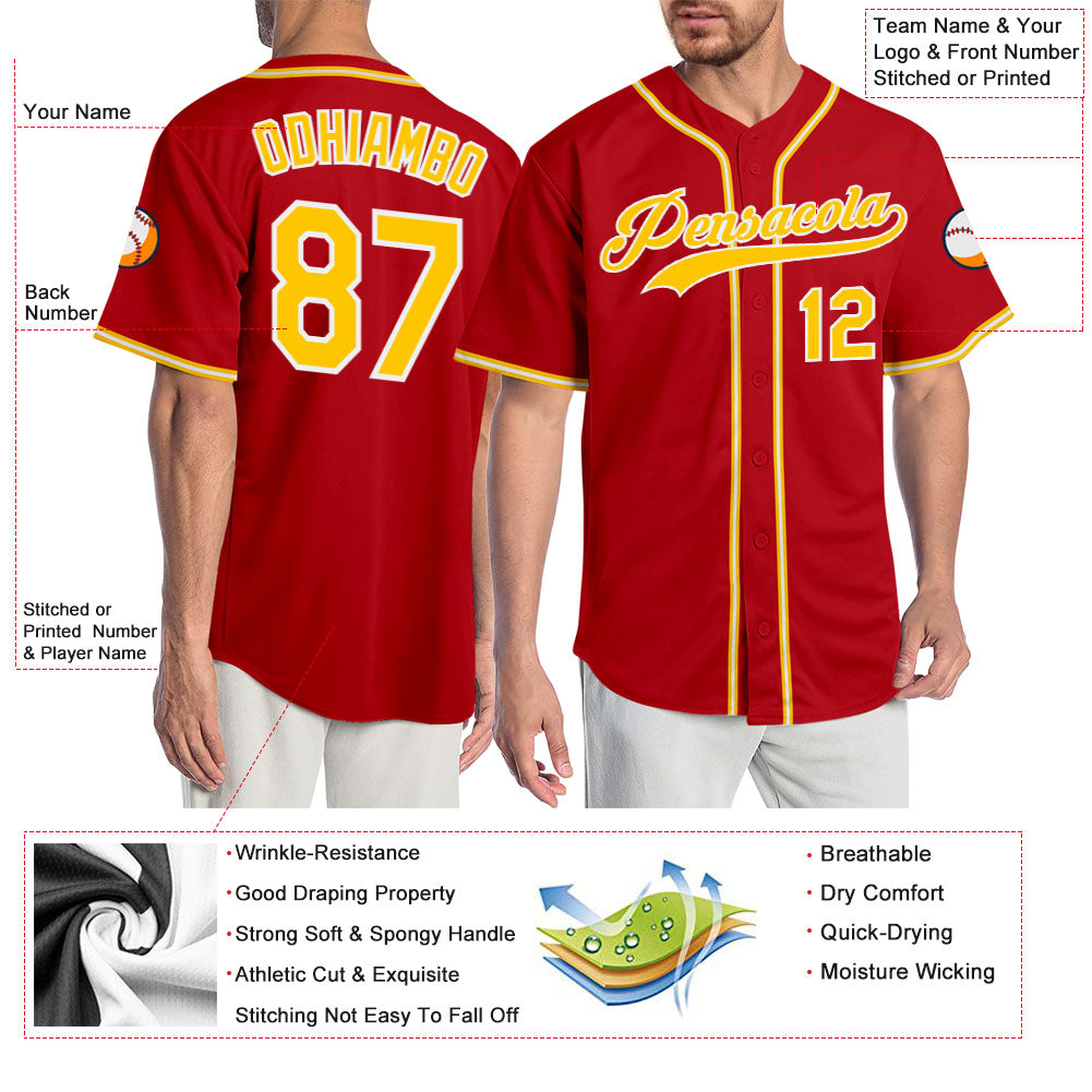 Custom Red Gold-White Authentic Baseball Jersey - Sky-Custom