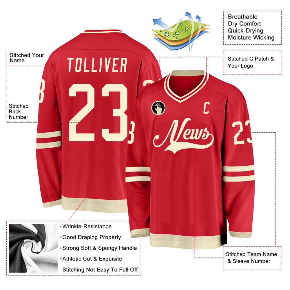 Custom Red Cream Hockey Jersey - Sky-Custom