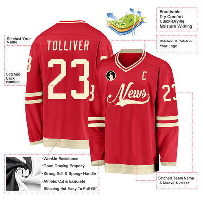Custom Red Cream Hockey Jersey - Sky-Custom