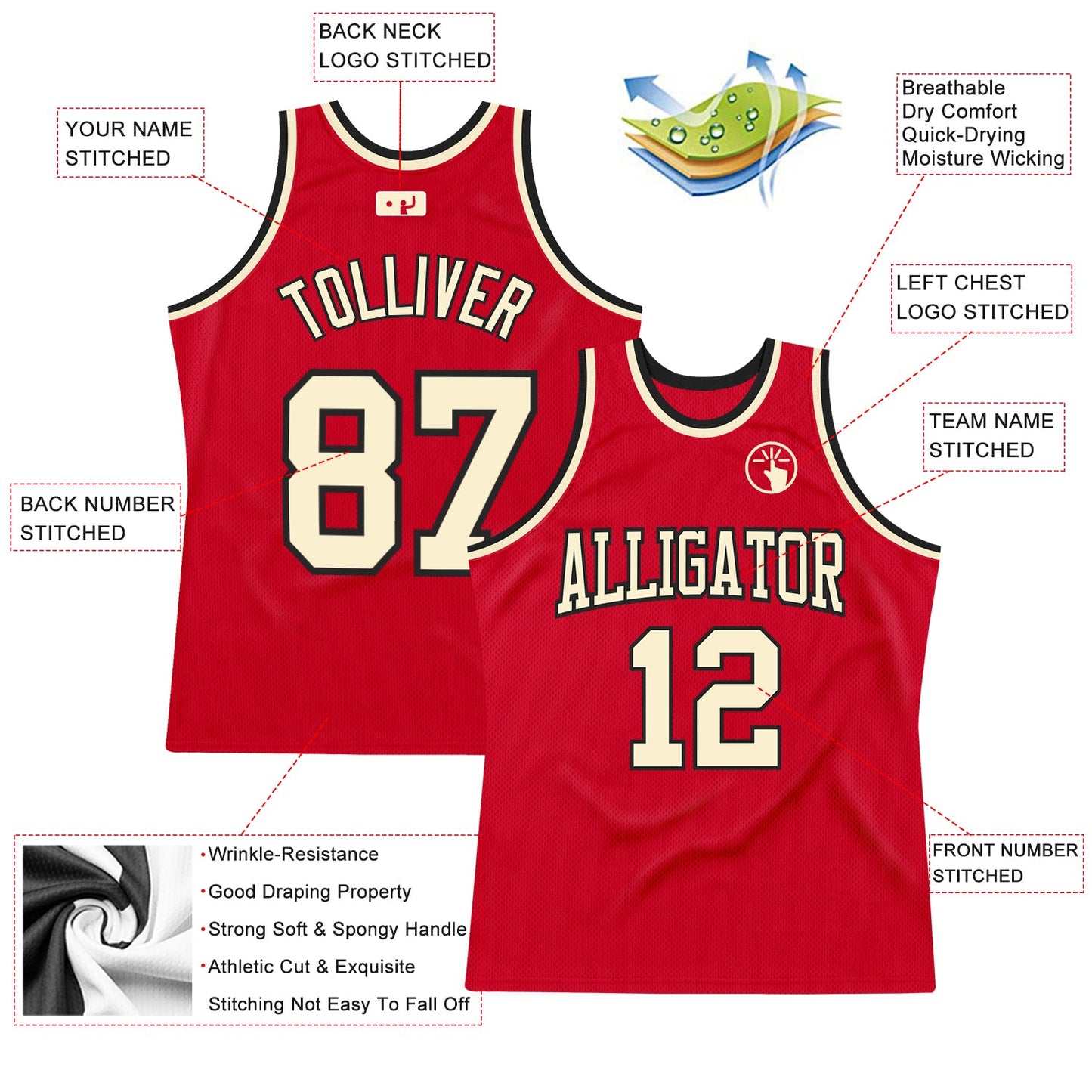 Custom Red Cream-Black Authentic Throwback Basketball Jersey - Sky-Custom