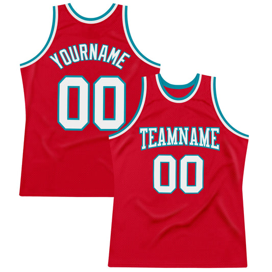 Custom Red White-Teal Authentic Throwback Basketball Jersey - Sky-Custom