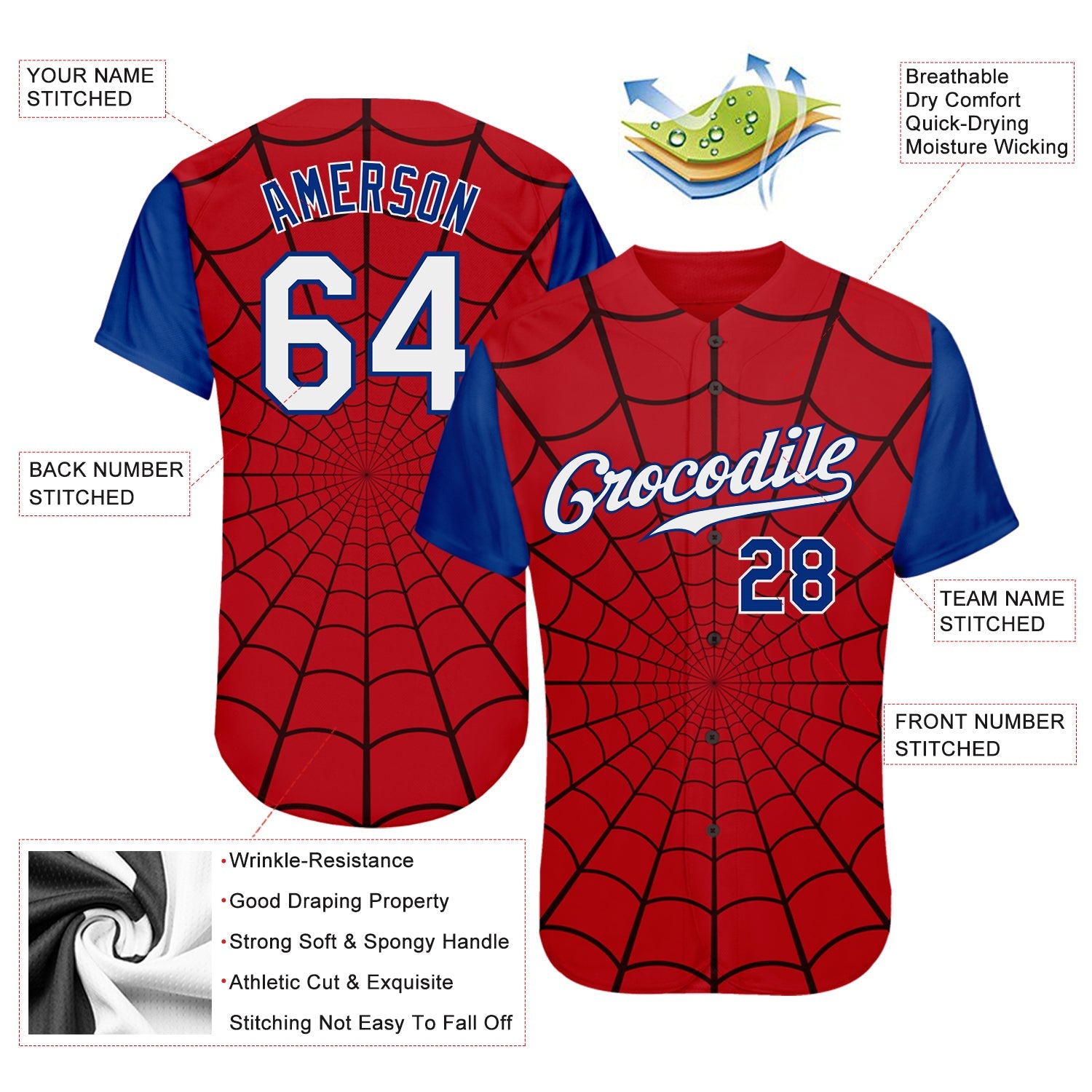 Custom Red White-Royal 3D Pattern Design Spider Web Authentic Baseball Jersey - Sky-Custom