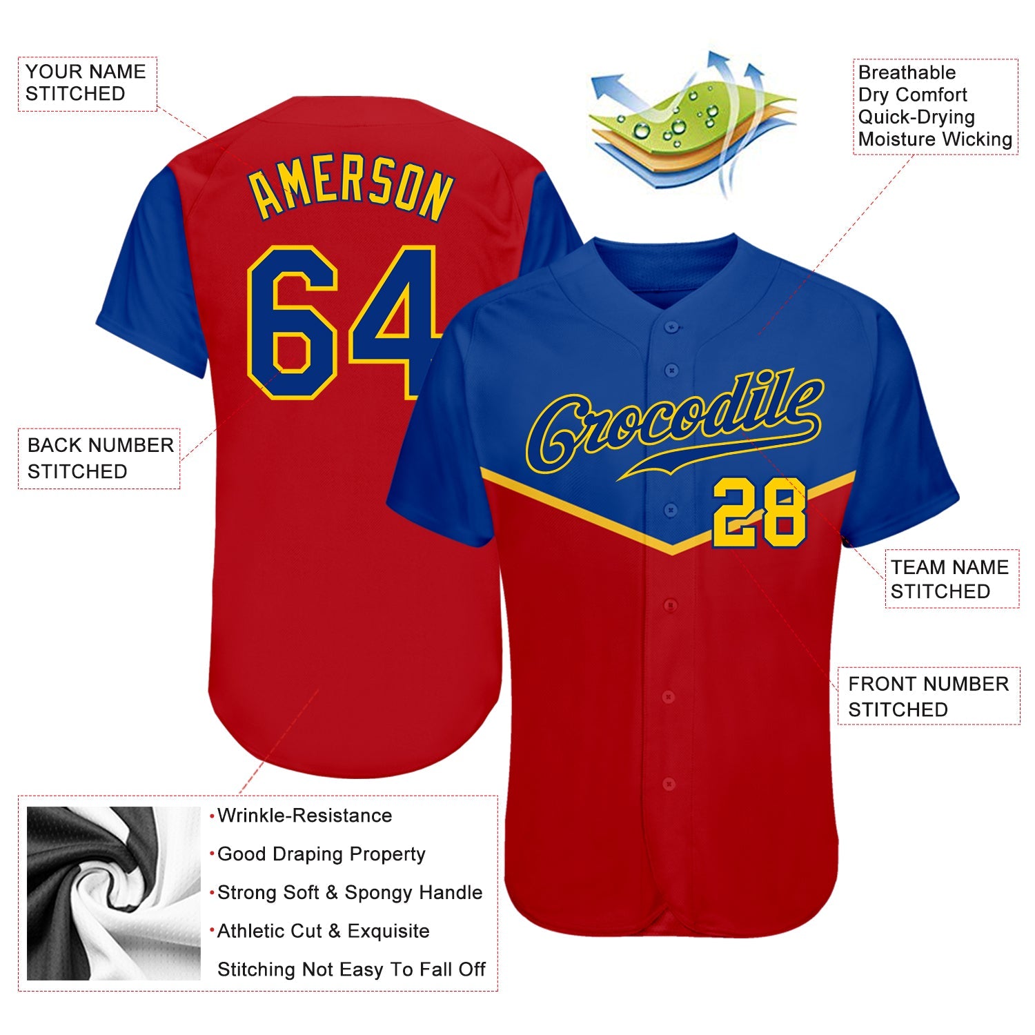 Custom Red Royal-Gold 3D Pattern Design Multicolor Authentic Baseball Jersey - Sky-Custom