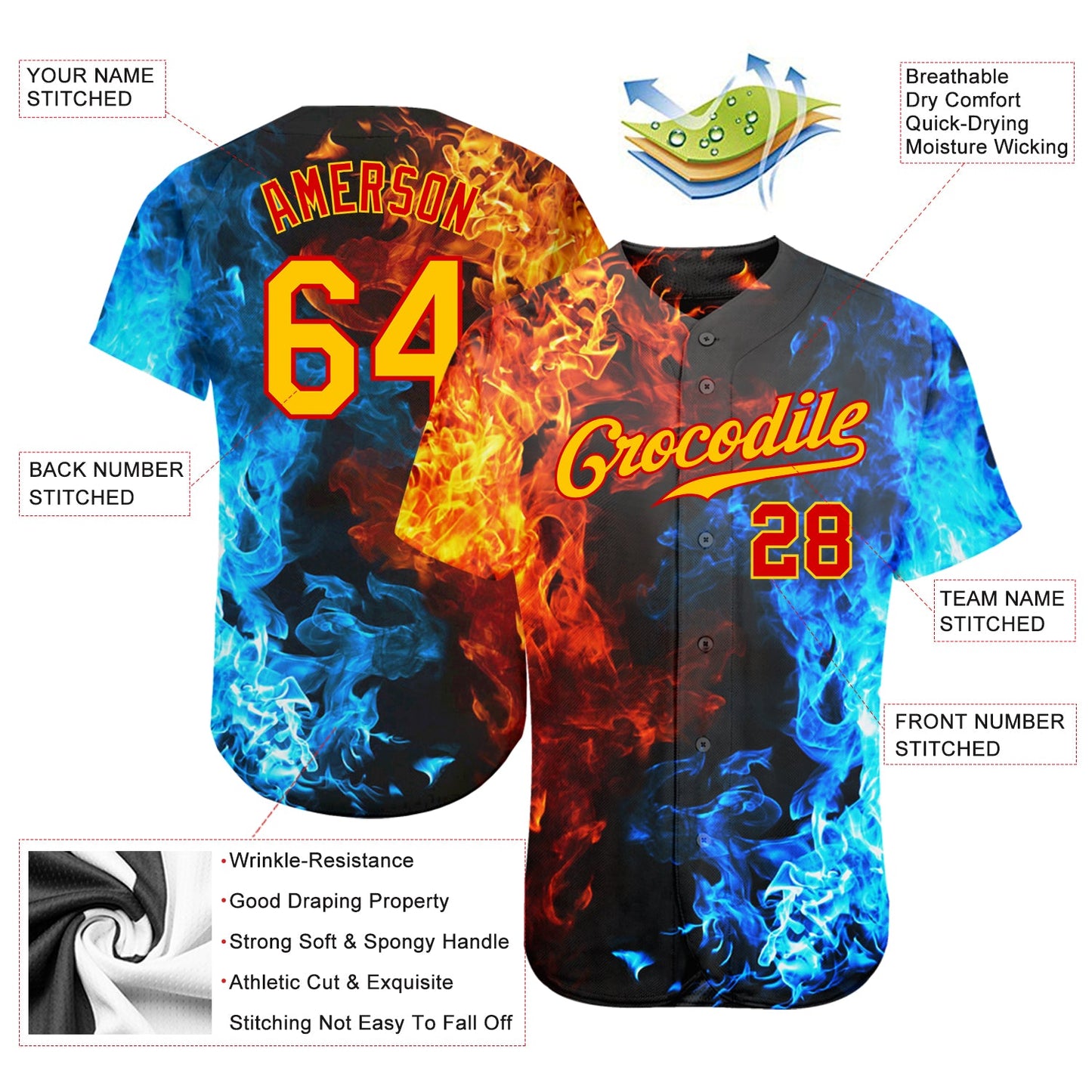 Custom Red Gold 3D Pattern Design Flame Authentic Baseball Jersey - Sky-Custom