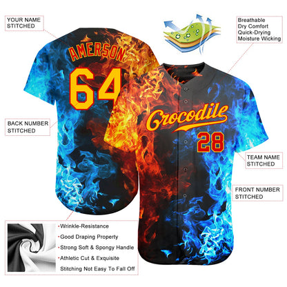 Custom Red Gold 3D Pattern Design Flame Authentic Baseball Jersey - Sky-Custom