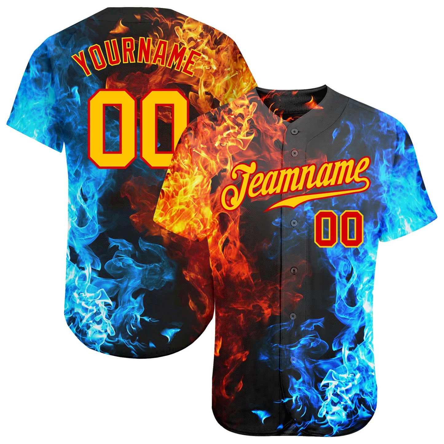 Custom Red Gold 3D Pattern Design Flame Authentic Baseball Jersey - Sky-Custom