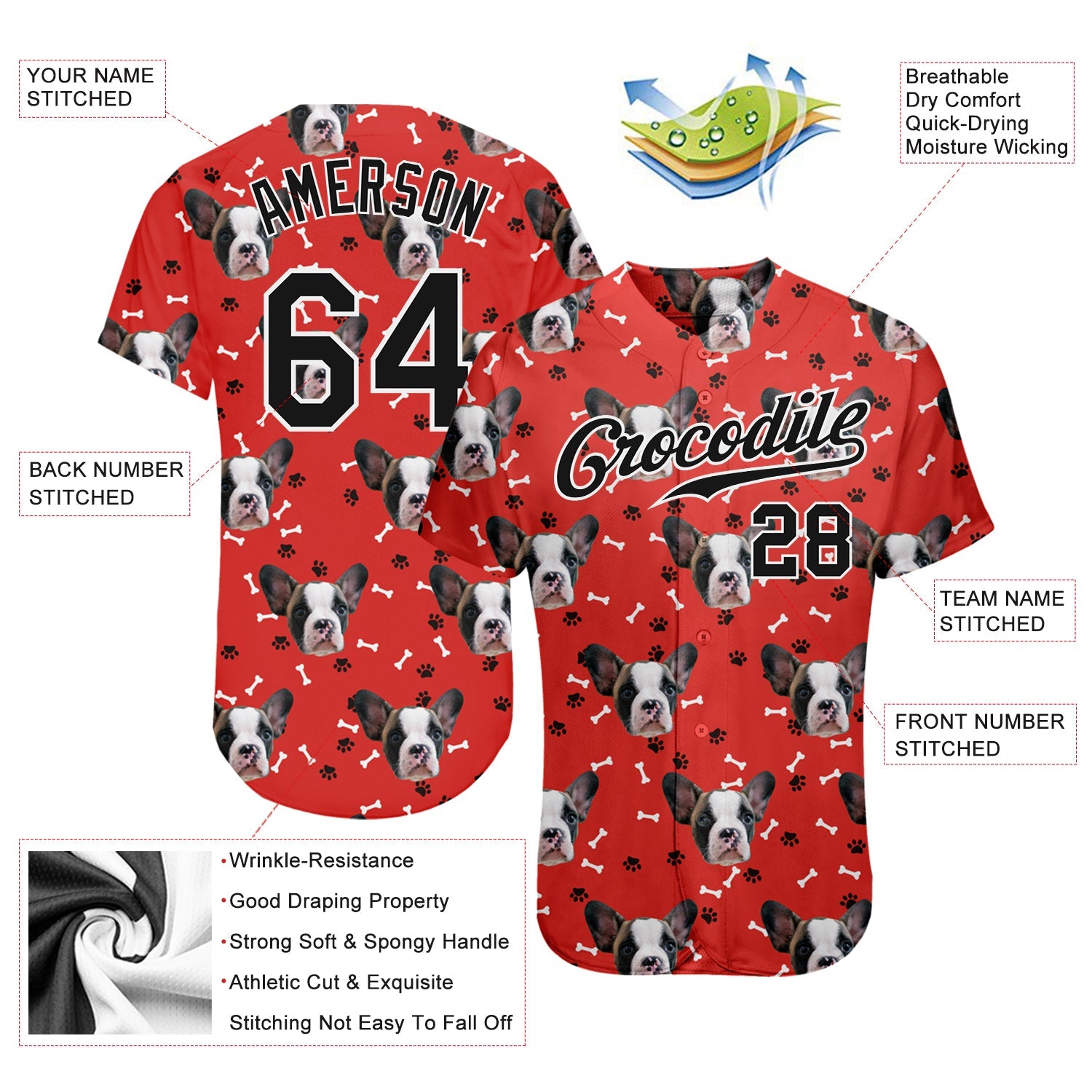 Custom Red Black-White 3D Pattern Design Dogs Authentic Baseball Jersey - Sky-Custom