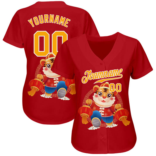 Custom Red Gold-White 3D Pattern Design Cute Tiger Authentic Baseball Jersey - Sky-Custom