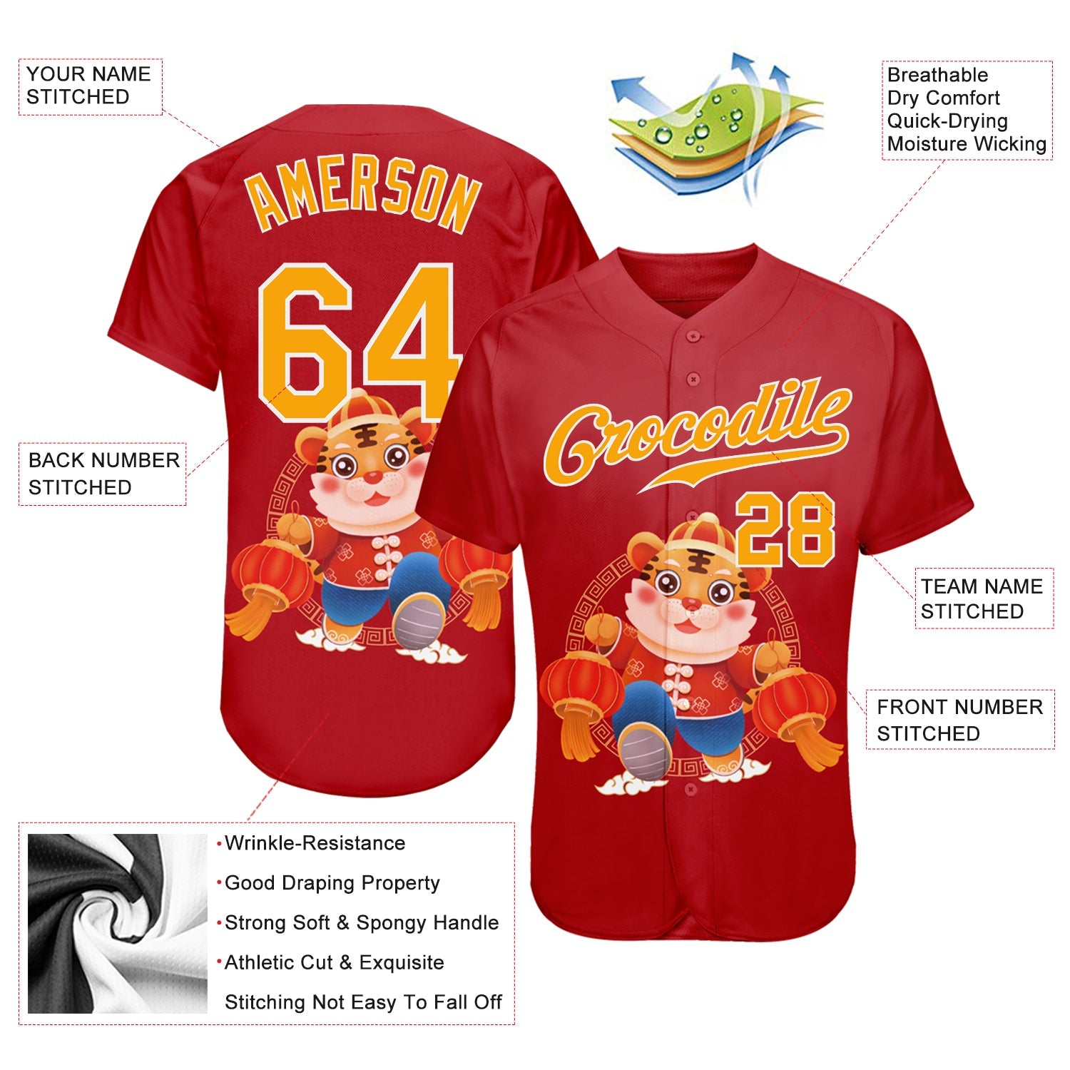 Custom Red Gold-White 3D Pattern Design Cute Tiger Authentic Baseball Jersey - Sky-Custom