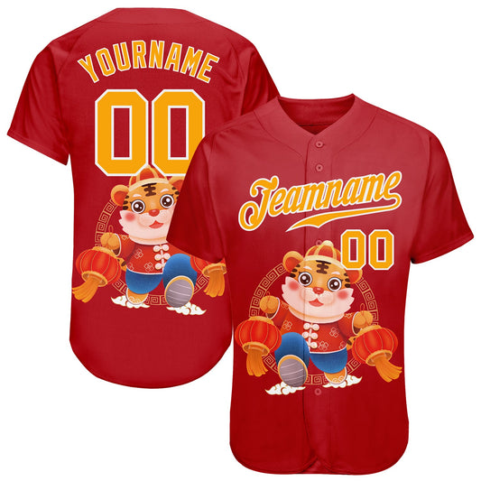 Custom Red Gold-White 3D Pattern Design Cute Tiger Authentic Baseball Jersey - Sky-Custom