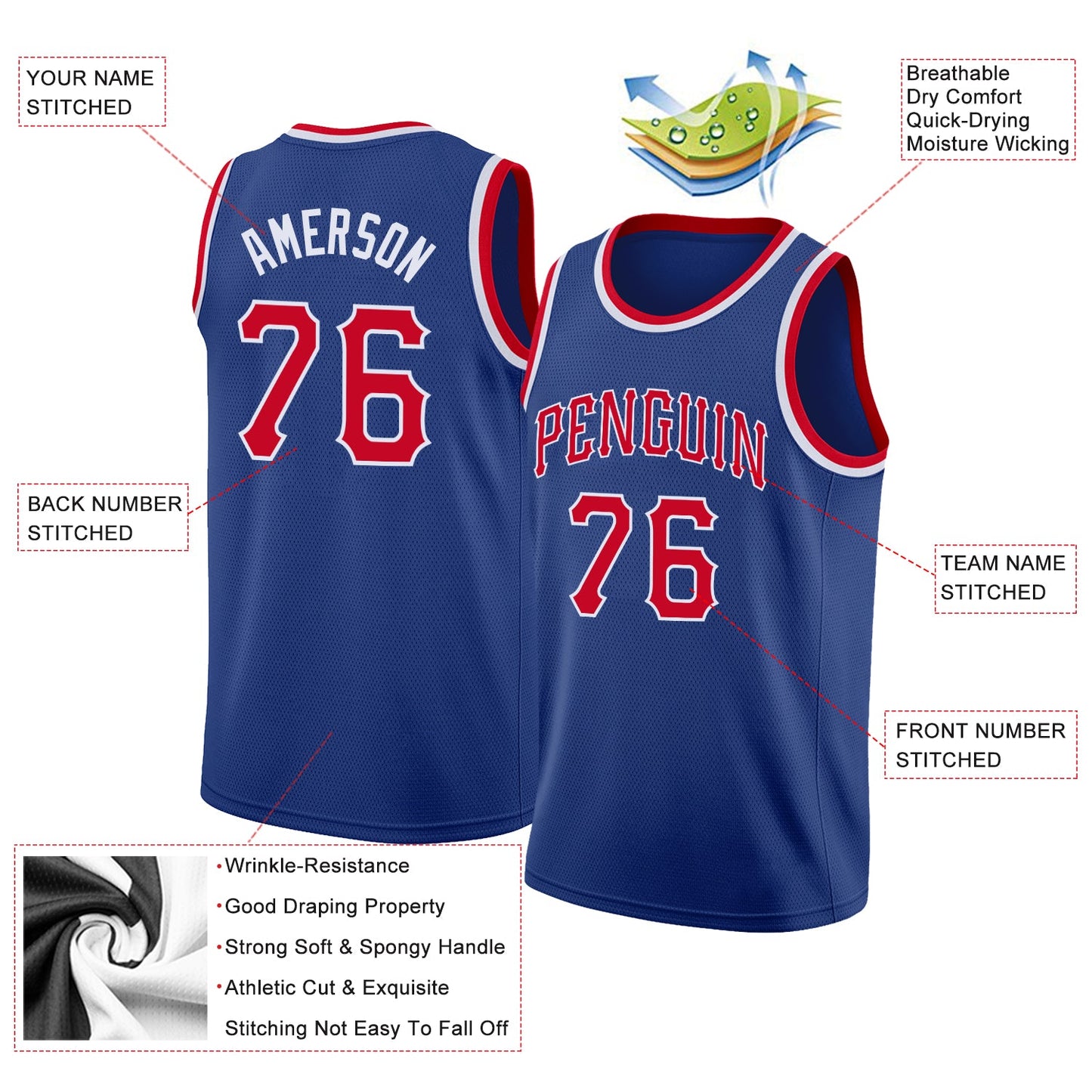 Custom Royal Red-White Round Neck Rib-Knit Basketball Jersey - Sky-Custom