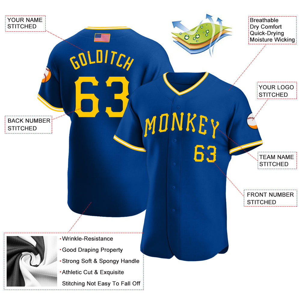 Custom Royal Gold-White Authentic American Flag Fashion Baseball Jersey - Sky-Custom