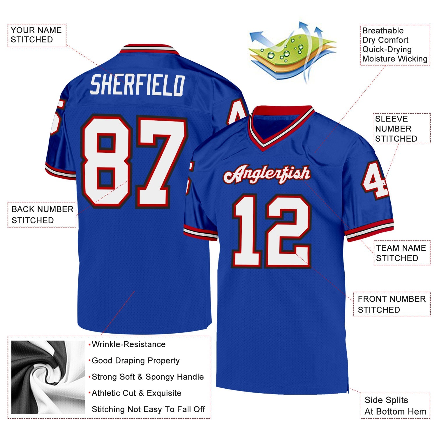 Custom Royal White-Red Mesh Authentic Throwback Football Jersey - Sky-Custom