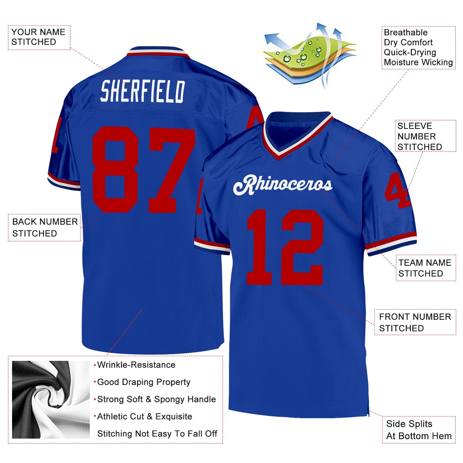 Custom Royal Red-White Mesh Authentic Throwback Football Jersey - Sky-Custom