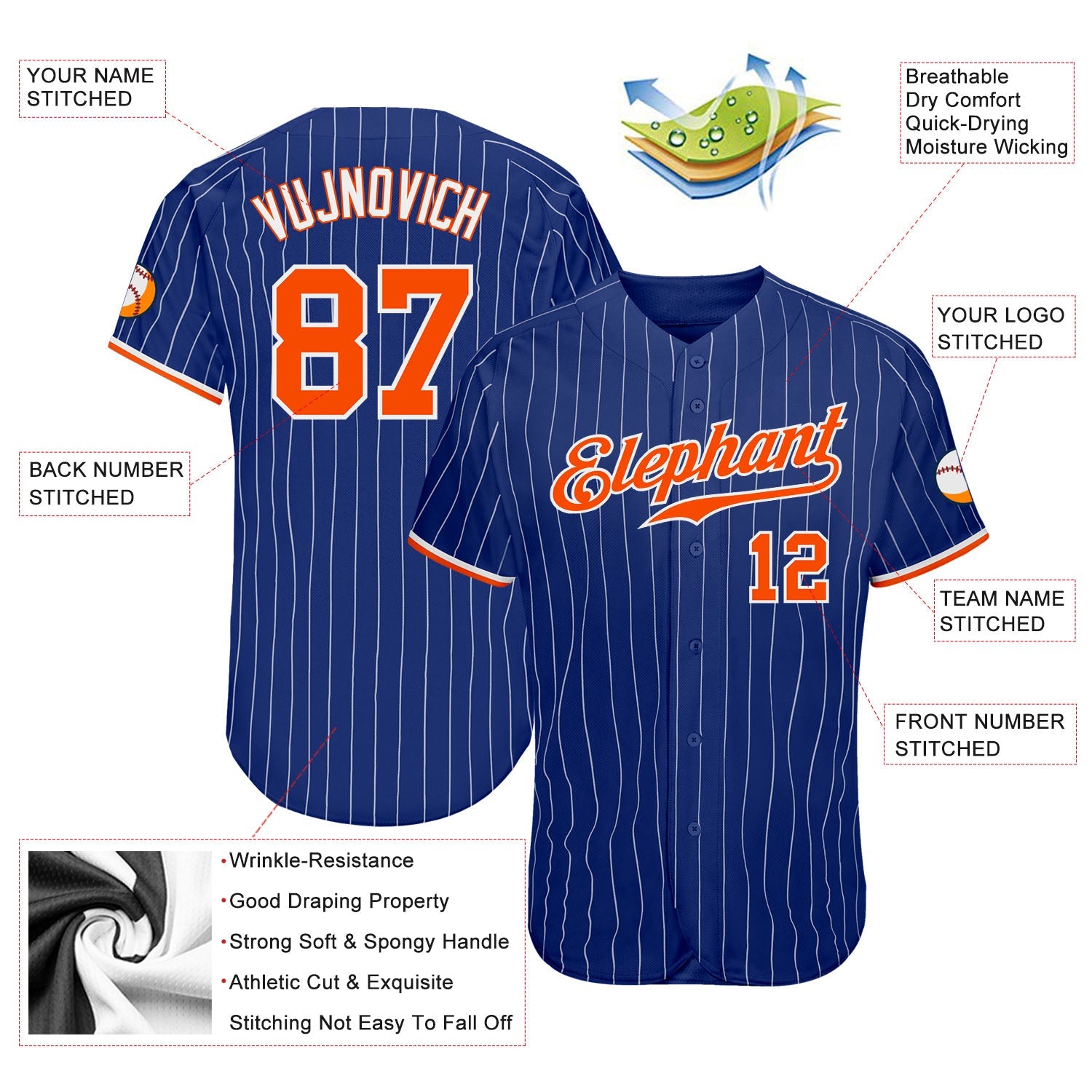 Custom Royal White Pinstripe Orange-White Authentic Baseball Jersey - Sky-Custom