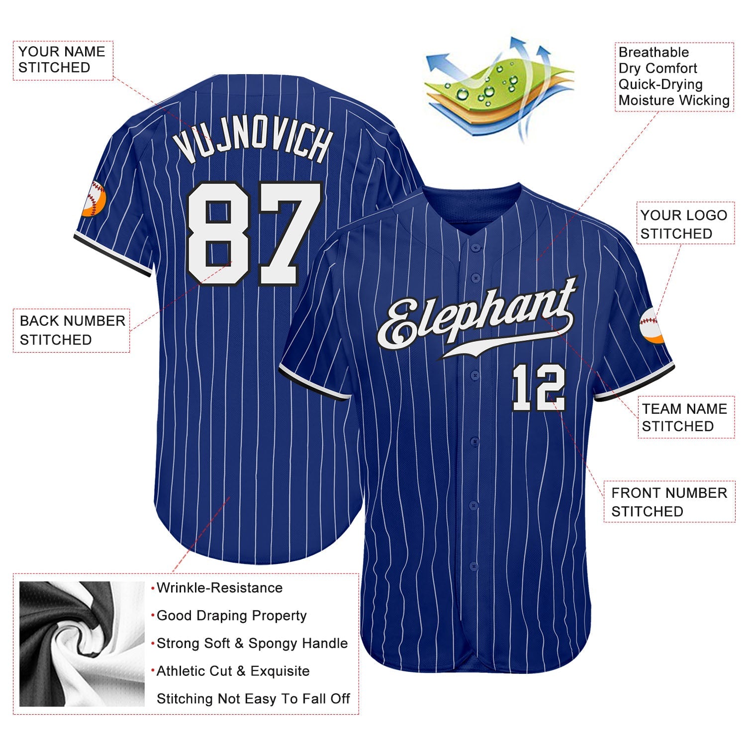 Custom Royal White Pinstripe White-Black Authentic Baseball Jersey - Sky-Custom